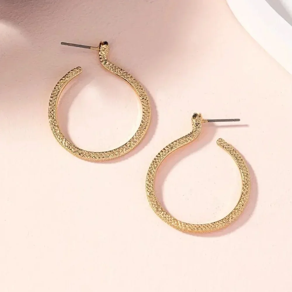 Gold Serpent Snake Blue Rhinestone Eyes Hoop Earrings NEW - Picture 3 of 7